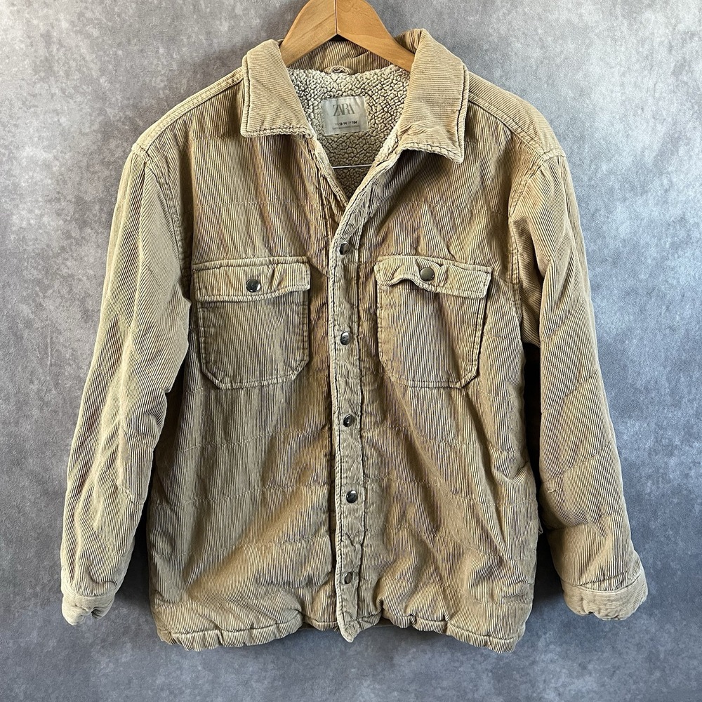 Zara Corduroy Jacket Women Size 13-14 Tan Sherpa Lined Button Front Puffer